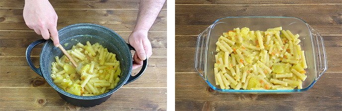 Condite la pasta con le patate preparate in precedenza, e, se occorre, non esitate ad aggiungere un mestolo di acqua di cottura della pasta. Mettete metà della pasta condita in una teglia da forno. 