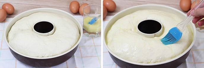 Quando l'impasto sarà raddoppiato di volume, spennelliamo bene la superficie con latte e uovo sbattuto.