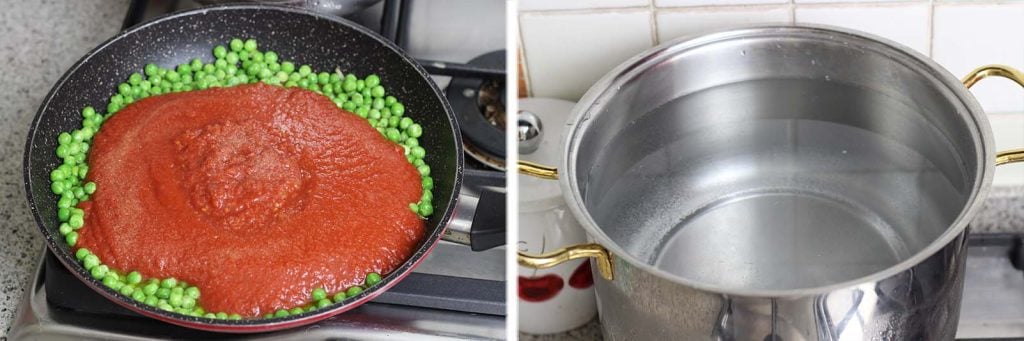 A questo punto versiamo la polpa di pomodoro, mezzo bicchiere di acqua e aggiustiamo di sale. Lasciamo cuocere per 15 minuti. Il sugo deve venire abbastanza liquido. Nel frattempo mettiamo a bollire l'acqua salata per la pasta.