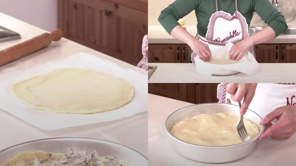Stendiamo il resto della pasta brisé, ricopriamo la nostra torta pasqualina, chiudiamo bene i bordi aiutandoci con le dita e con una forchetta bucherelliamo un pochino la superficie.